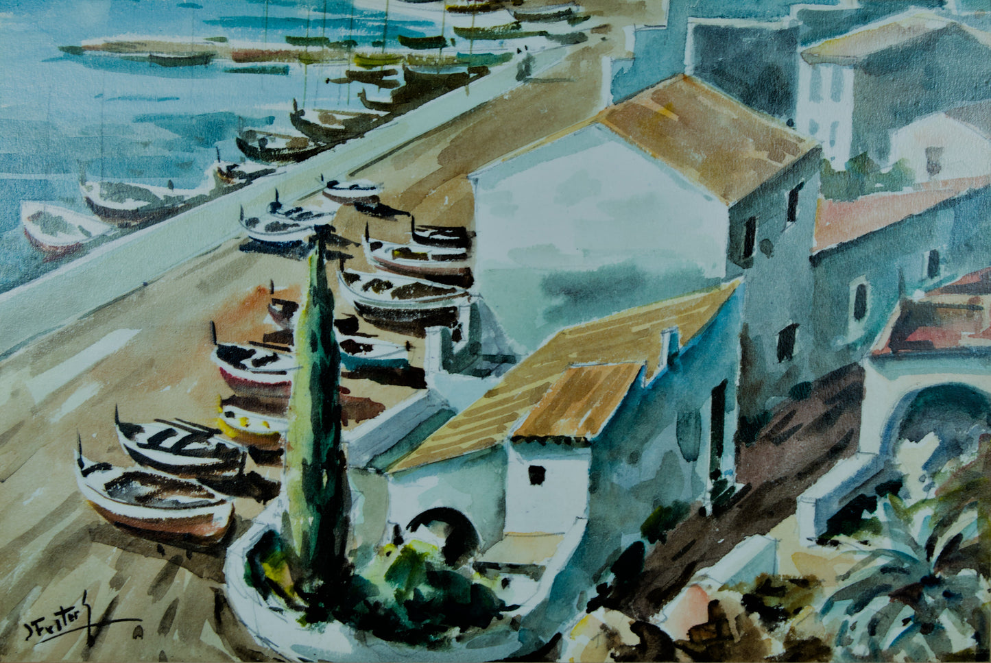 Joan Fuster Gimpera | Calma en el Puerto | Acuarela Original sobre Tabla