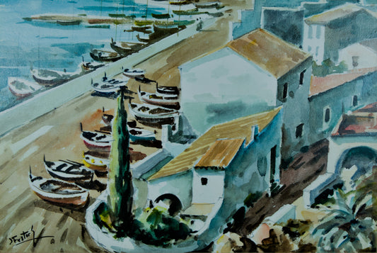 Joan Fuster Gimpera | Calma en el Puerto | Acuarela Original sobre Tabla