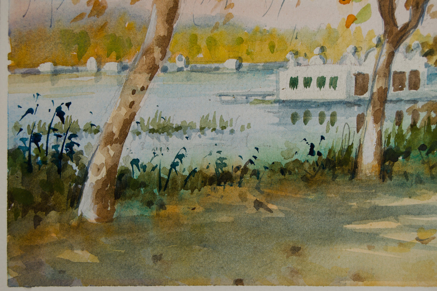 FELIP BRUGUERAS | LAGO DE BANYOLES CON PESQUERA | PAISAJISMO CATALÁN | ACUARELA SOBRE CARTULINA