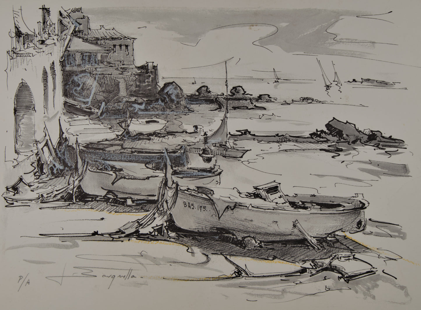 Joan Sarquella | Barcas en el Varadero (Costa Brava) | Litografía Original P/A