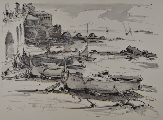 Joan Sarquella | Barcas en el Varadero (Costa Brava) | Litografía Original P/A