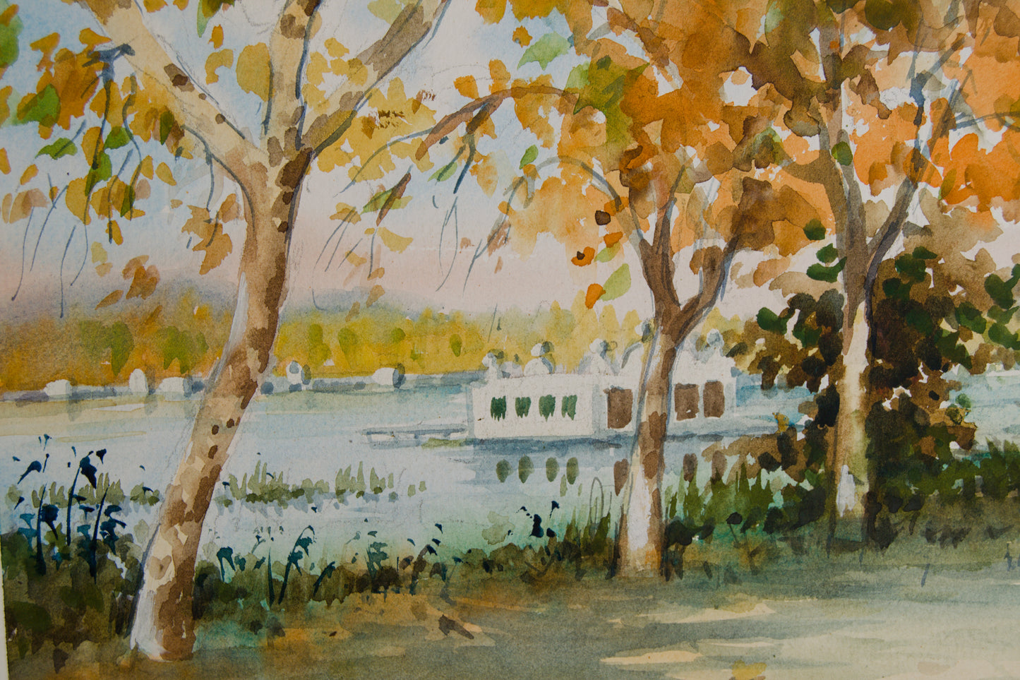 FELIP BRUGUERAS | LAGO DE BANYOLES CON PESQUERA | PAISAJISMO CATALÁN | ACUARELA SOBRE CARTULINA