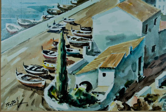 Joan Fuster Gimpera | Calma en el Puerto | Acuarela Original sobre Tabla