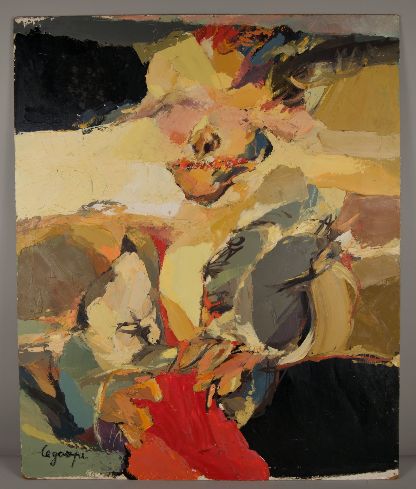 JOSÉ MANUEL LEGAZPI | MATERIEKOMPOSITION IN ROT UND OCKER | ABSTRAKTER EXPRESSIONISMUS | ACRYL AUF PANEL