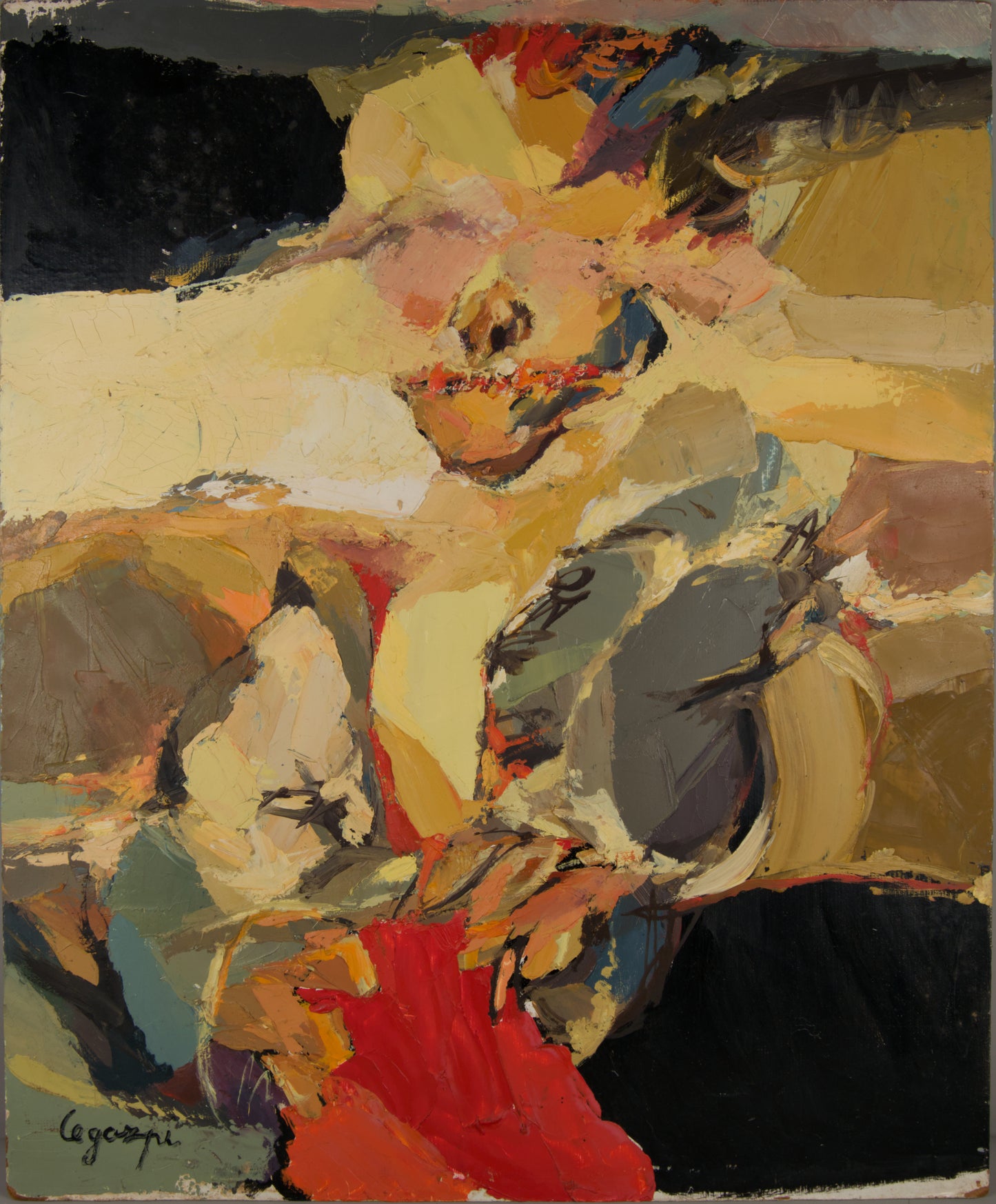 JOSÉ MANUEL LEGAZPI | MATERIEKOMPOSITION IN ROT UND OCKER | ABSTRAKTER EXPRESSIONISMUS | ACRYL AUF PANEL