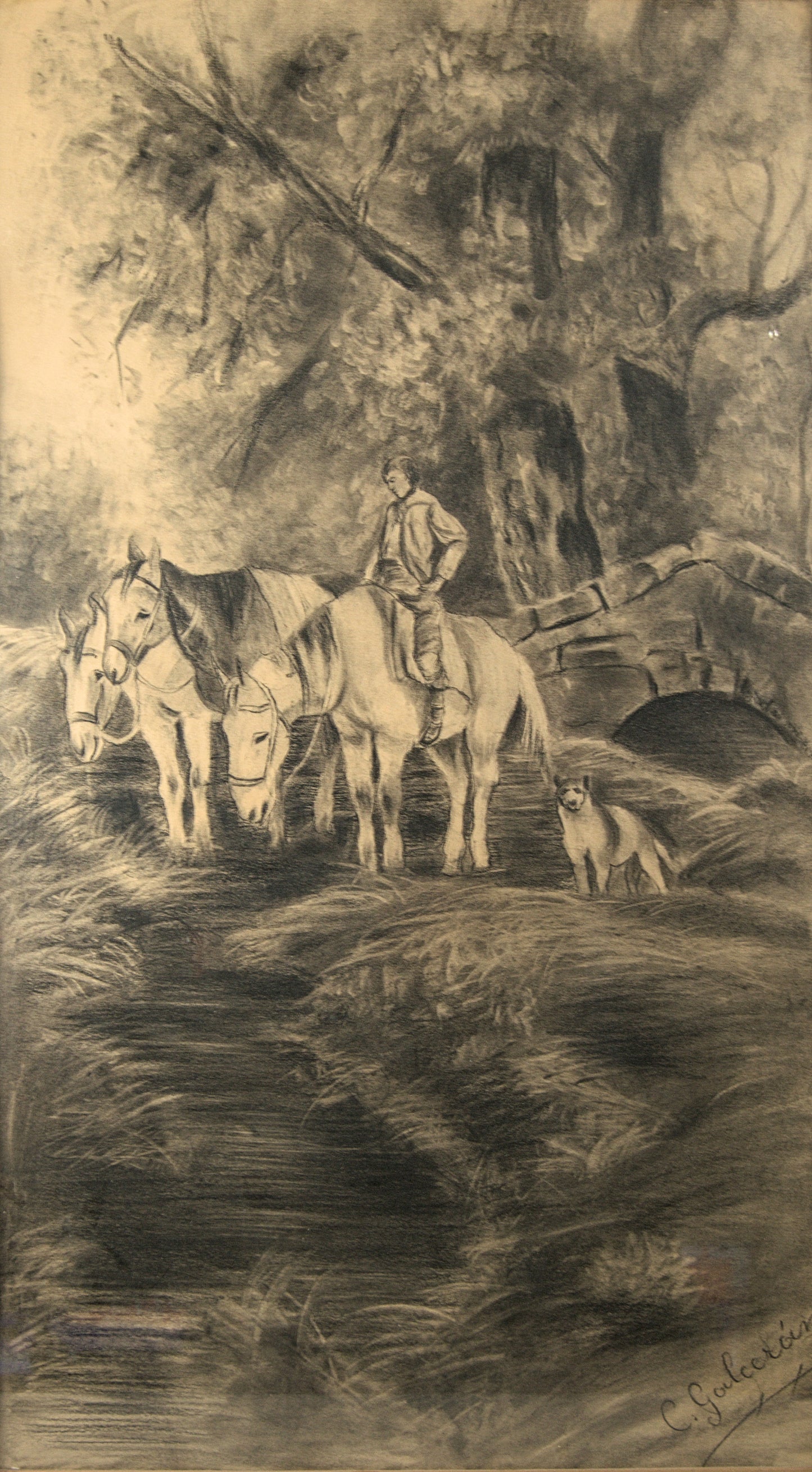 Atribuido a Celestí Galcerán i Carrer | Paisaje Pastoral de Gran Formato | Dibujo Museístico a Carboncillo