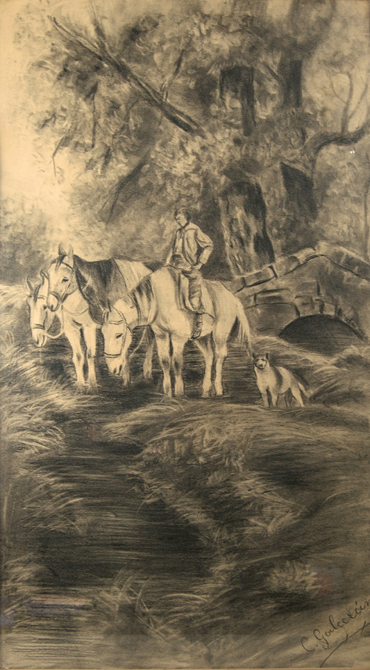 Atribuido a Celestí Galcerán i Carrer | Paisaje Pastoral de Gran Formato | Dibujo Museístico a Carboncillo