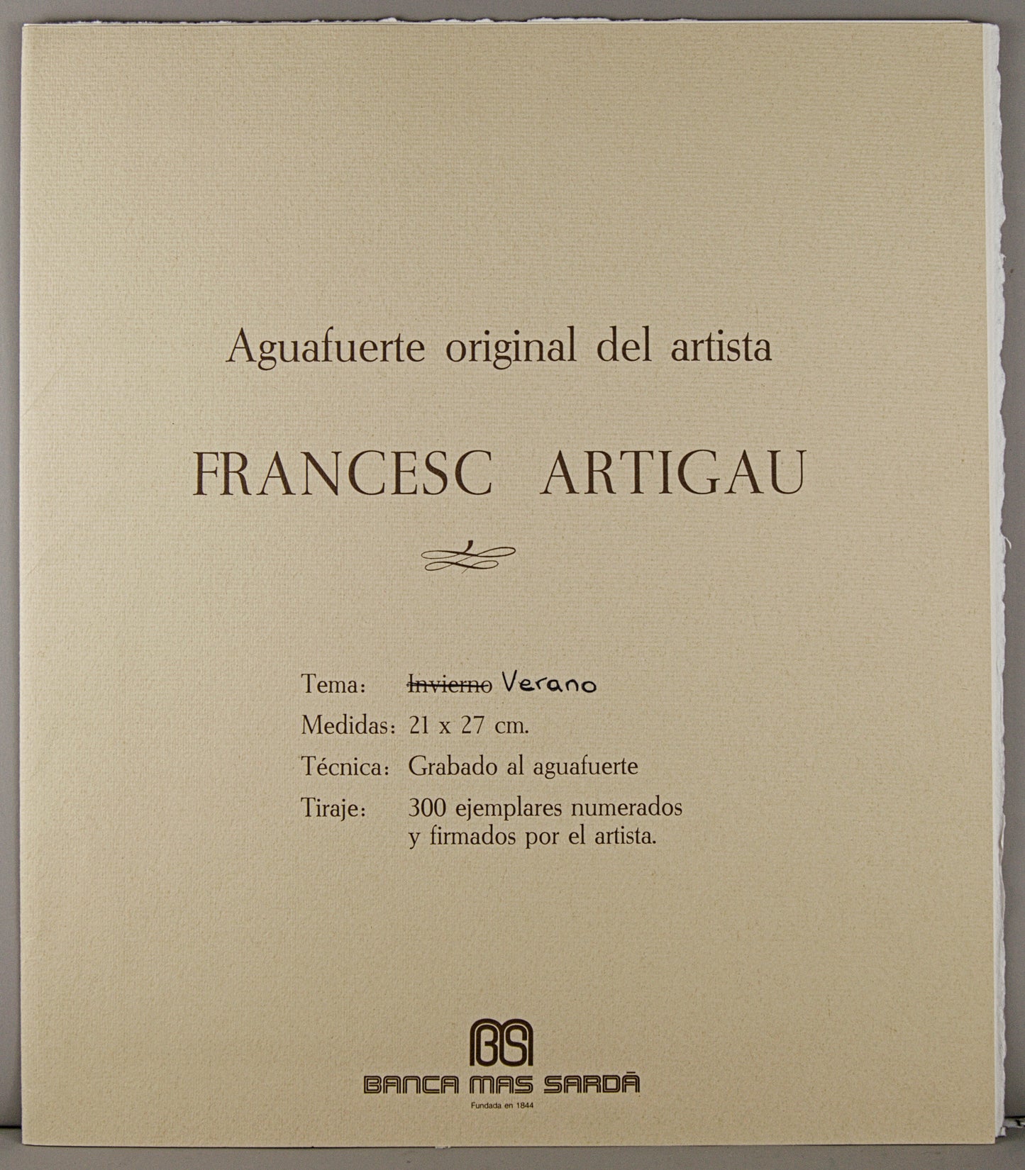 FRANCESC ARTIGAU | VERANO (1981) | EDICIÓN INSTITUCIONAL (H/C) | AGUAFUERTE ORIGINAL