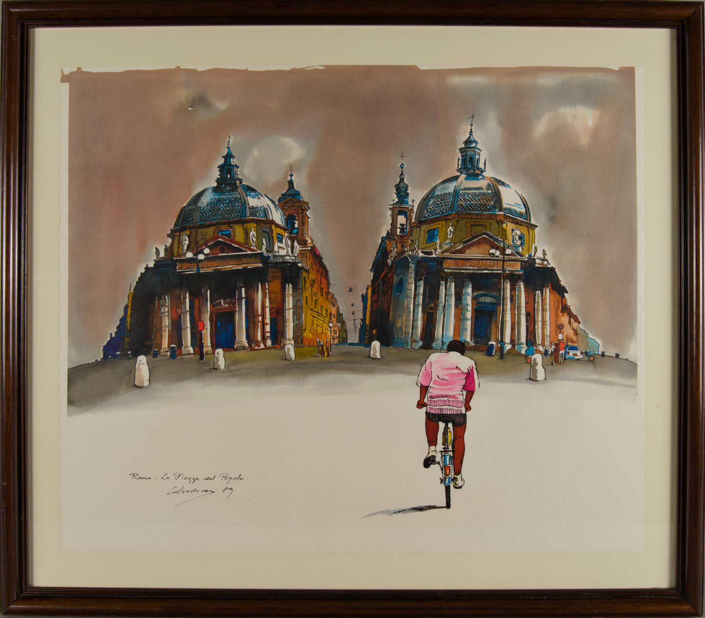 RICARD CALVO DURAN | ROMA: PIAZZA DEL POPOLO CON CICLISTA | ILUSTRACIÓN URBANA | TÉCNICA MIXTA SOBRE PAPEL
