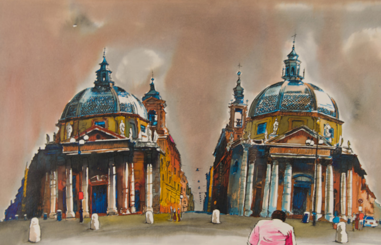 RICARD CALVO DURAN | ROMA: PIAZZA DEL POPOLO CON CICLISTA | ILUSTRACIÓN URBANA | TÉCNICA MIXTA SOBRE PAPEL