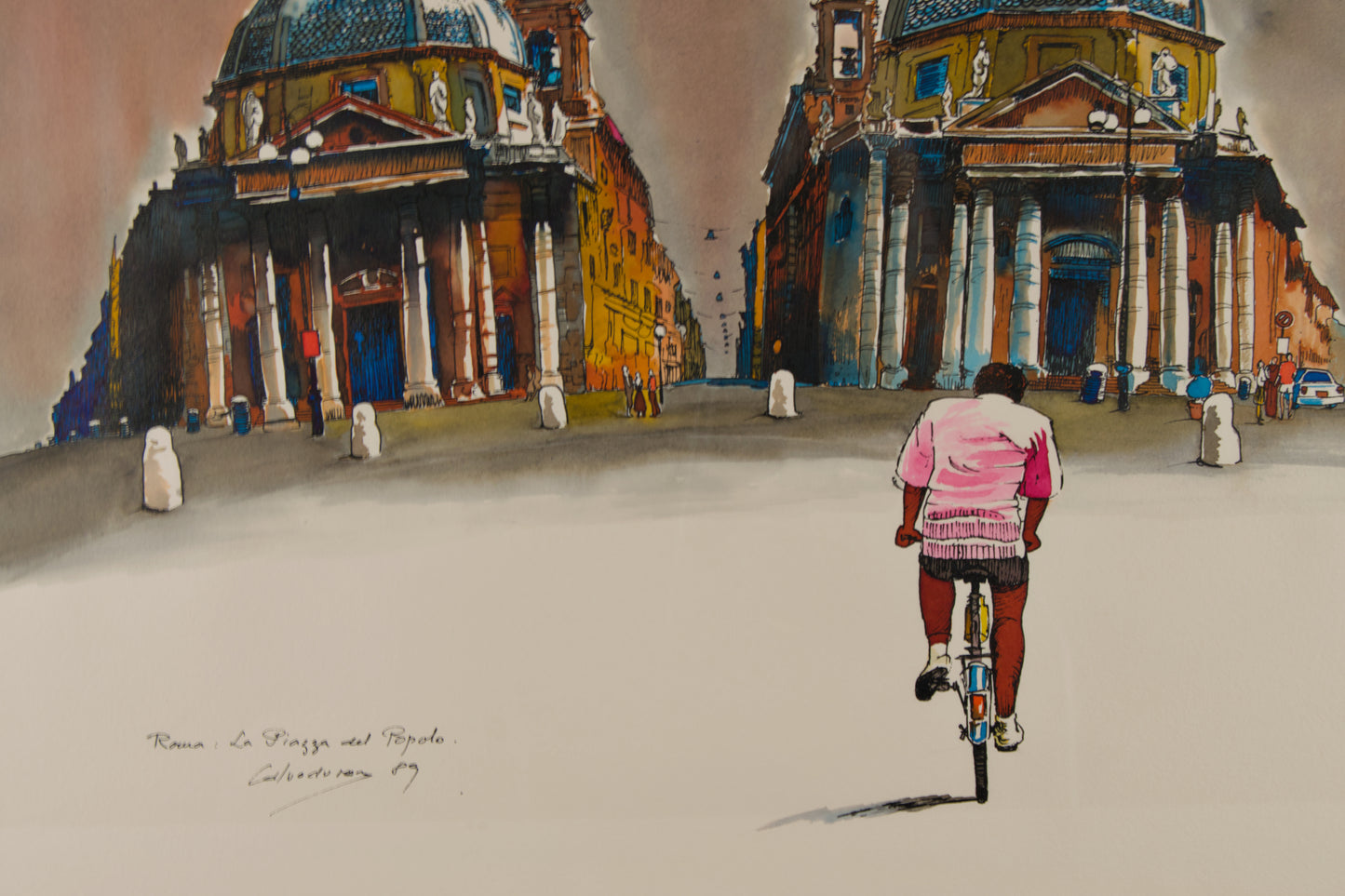 RICARD CALVO DURAN | ROMA: PIAZZA DEL POPOLO CON CICLISTA | ILUSTRACIÓN URBANA | TÉCNICA MIXTA SOBRE PAPEL