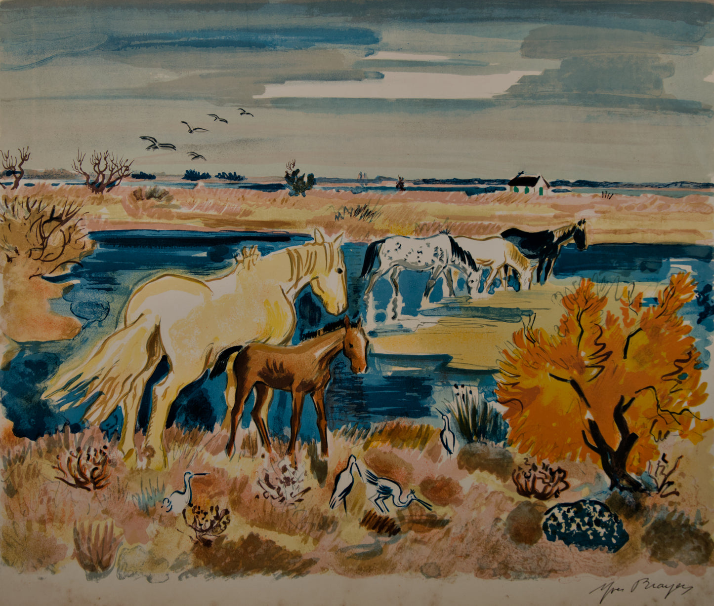 YVES BRAYER | CABALLOS EN LA CAMARGA | FIGURACIÓN FRANCESA | LITOGRAFÍA A COLOR