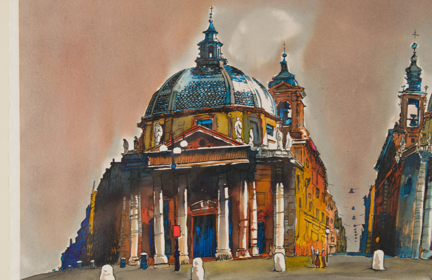 RICARD CALVO DURAN | ROMA: PIAZZA DEL POPOLO CON CICLISTA | ILUSTRACIÓN URBANA | TÉCNICA MIXTA SOBRE PAPEL