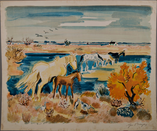 YVES BRAYER | CABALLOS EN LA CAMARGA | FIGURACIÓN FRANCESA | LITOGRAFÍA A COLOR