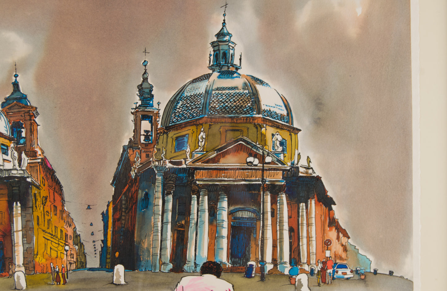 RICARD CALVO DURAN | ROMA: PIAZZA DEL POPOLO CON CICLISTA | ILUSTRACIÓN URBANA | TÉCNICA MIXTA SOBRE PAPEL