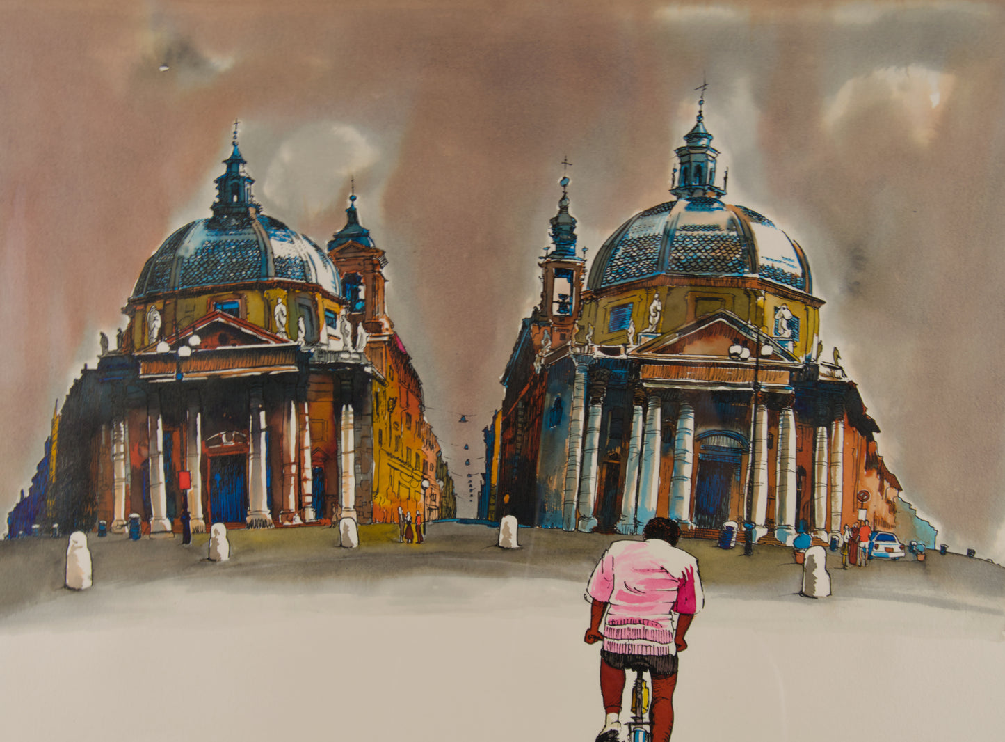 RICARD CALVO DURAN | ROMA: PIAZZA DEL POPOLO CON CICLISTA | ILUSTRACIÓN URBANA | TÉCNICA MIXTA SOBRE PAPEL