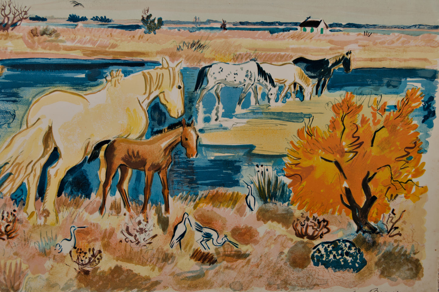YVES BRAYER | CABALLOS EN LA CAMARGA | FIGURACIÓN FRANCESA | LITOGRAFÍA A COLOR