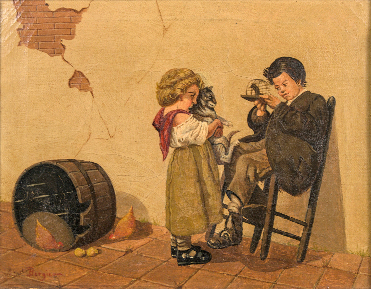 J. Bergier | Escena Costumbrista Infantil con Mascotas | Óleo sobre Lienzo