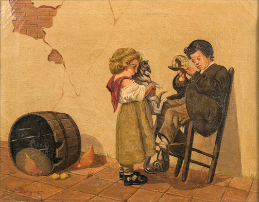 J. Bergier | Escena Costumbrista Infantil con Mascotas | Óleo sobre Lienzo