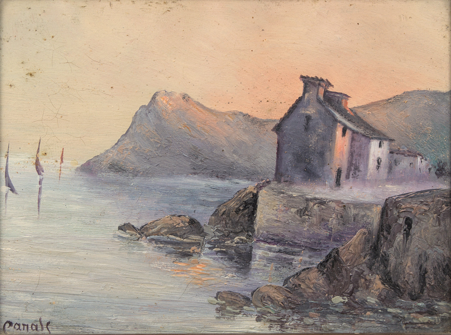 Canals | Paisaje Costero al Crepúsculo | Óleo Escuela Catalana | Finales S. XIX