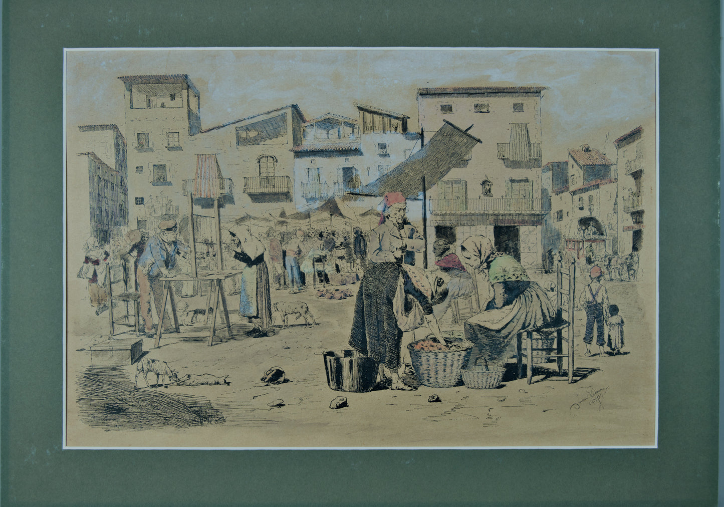 Joan Llimona | Plaça d'Olot | Estampa Original Pintada a Mano