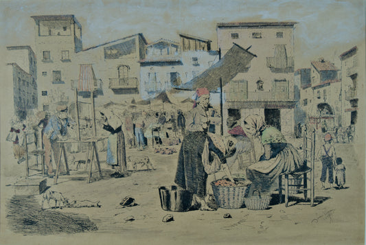 Joan Llimona | Plaça d'Olot | Estampa Original Pintada a Mano