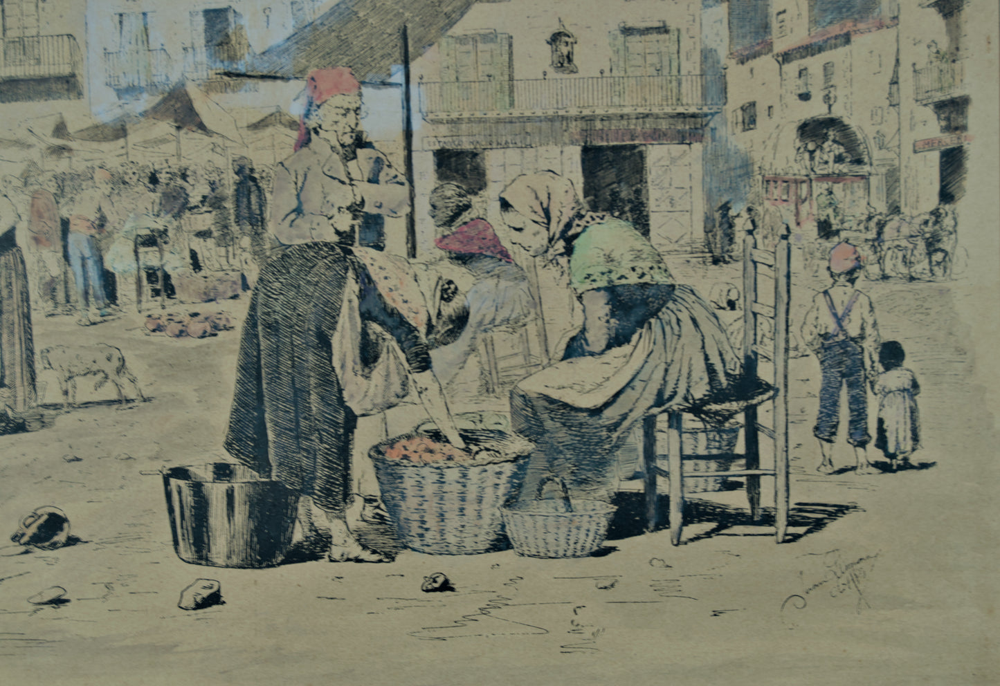 Joan Llimona | Plaça d'Olot | Estampa Original Pintada a Mano