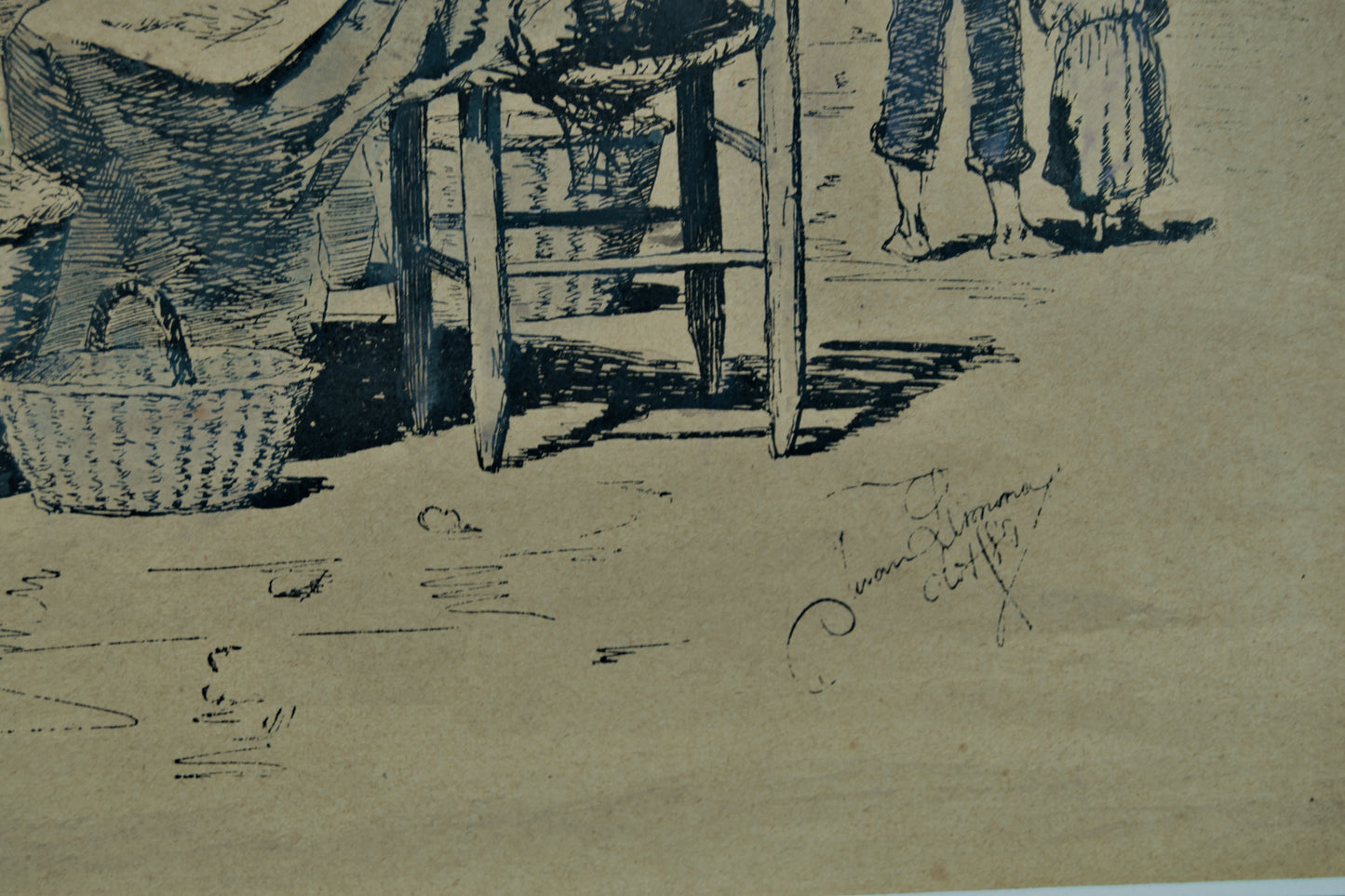 Joan Llimona | Plaça d'Olot | Estampa Original Pintada a Mano