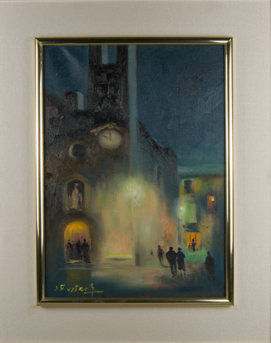 JOAN FUSTER GIMPERA | URBAN NOCTURNE MIT FIGUREN | POSTIMPRESSIONISMUS | ÖL AUF LEINWAND
