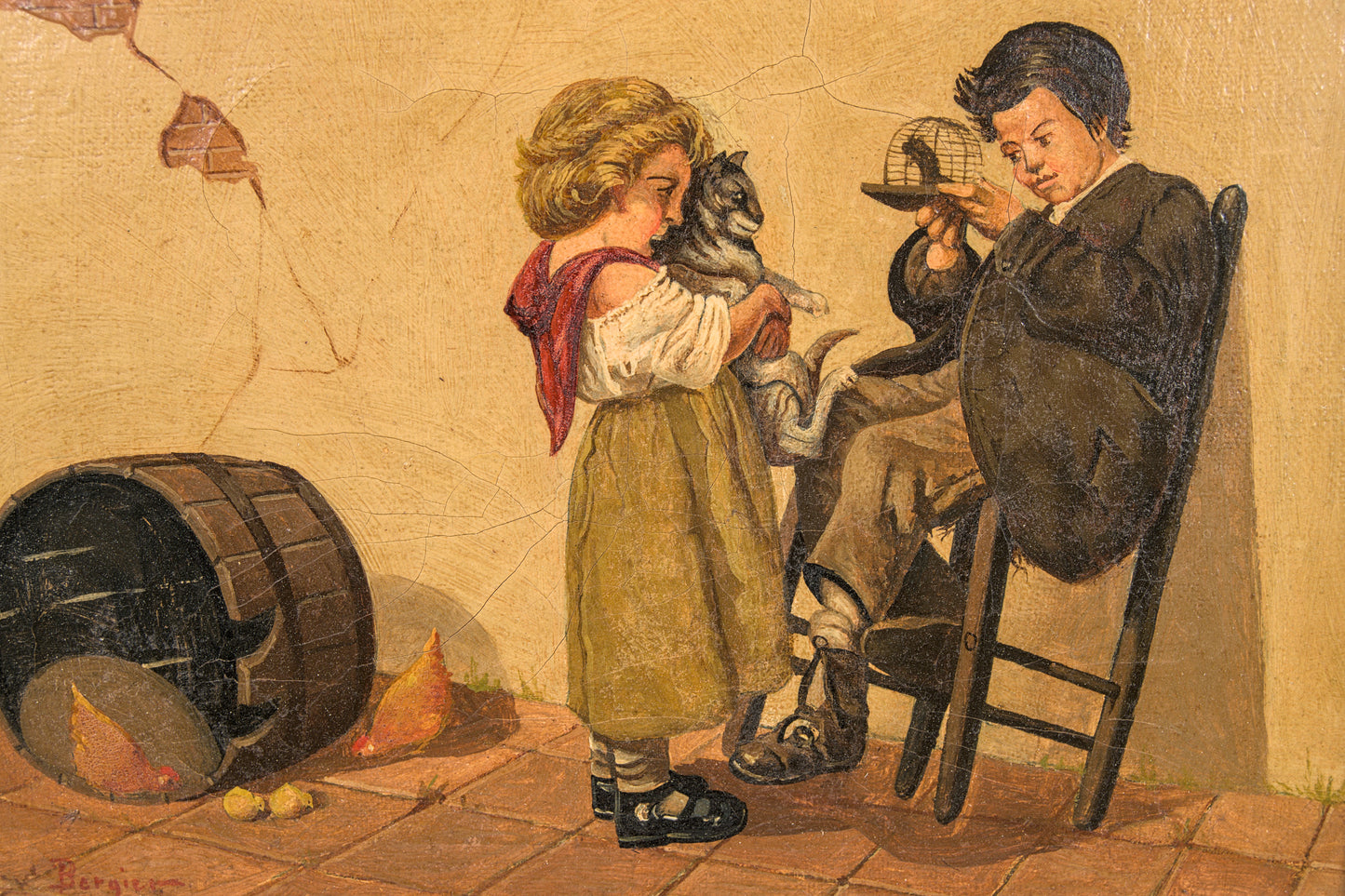 J. Bergier | Escena Costumbrista Infantil con Mascotas | Óleo sobre Lienzo