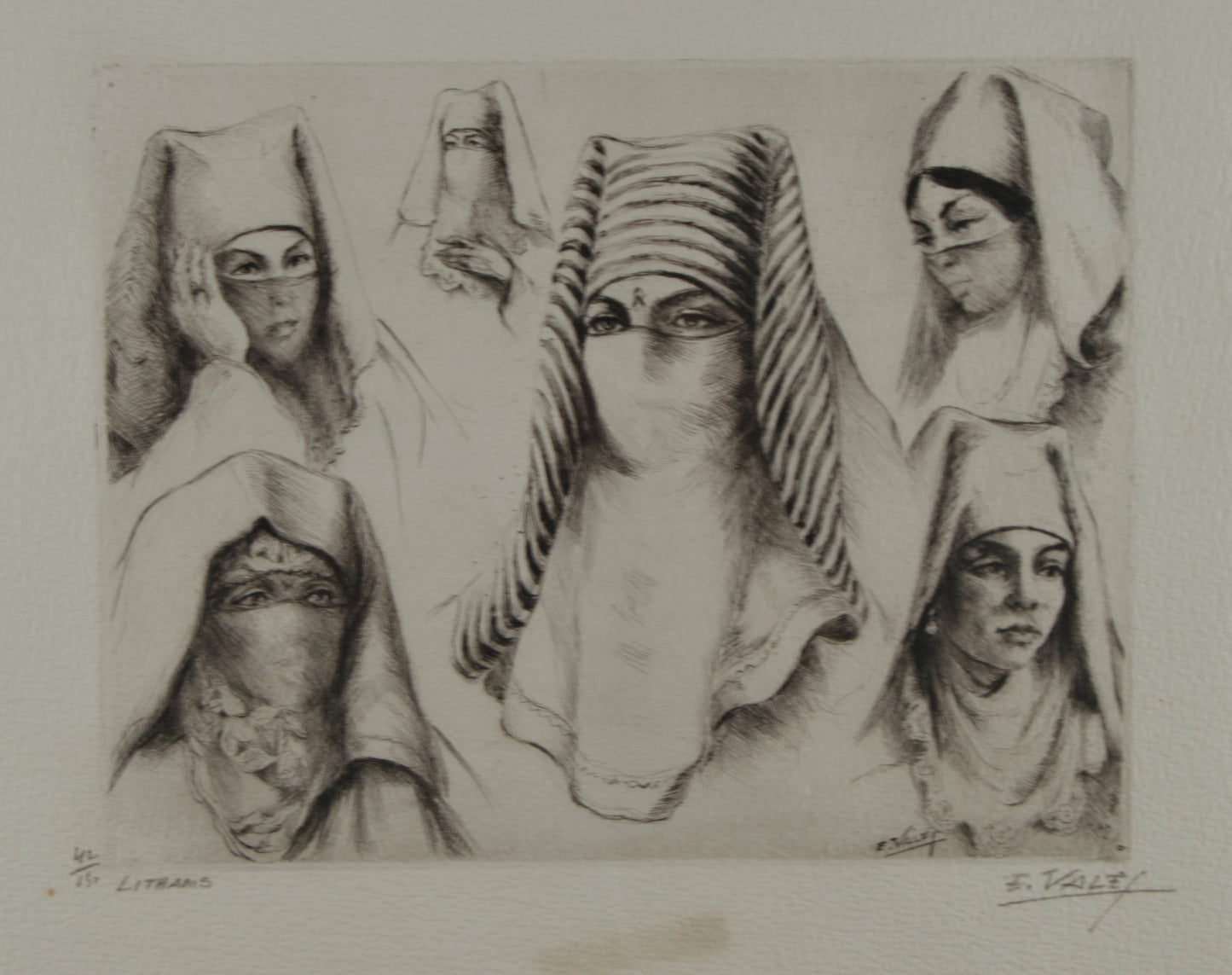 EDMOND VALÈS | LITHAMS (MUJERES VELADAS) | ORIENTALISMO ETNOGRÁFICO | GRABADO A PUNTA SECA