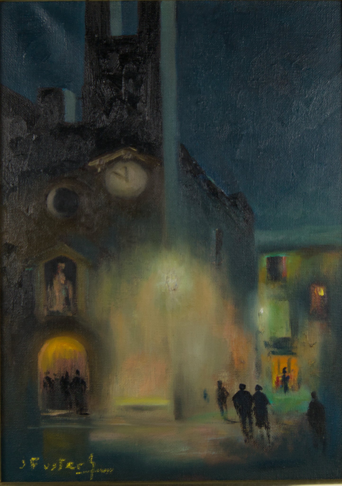 JOAN FUSTER GIMPERA | URBAN NOCTURNE MIT FIGUREN | POSTIMPRESSIONISMUS | ÖL AUF LEINWAND