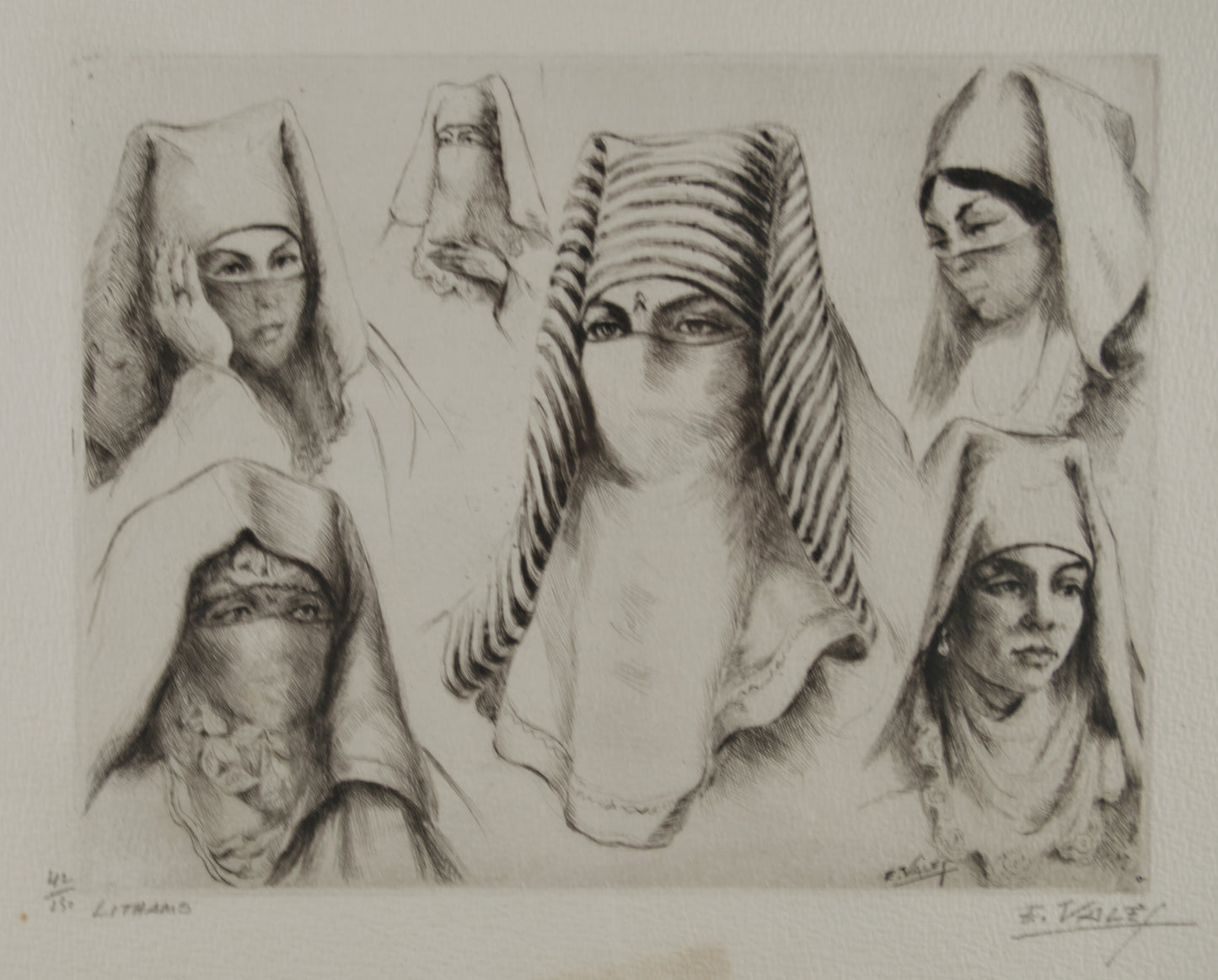 EDMOND VALÈS | LITHAMS (MUJERES VELADAS) | ORIENTALISMO ETNOGRÁFICO | GRABADO A PUNTA SECA