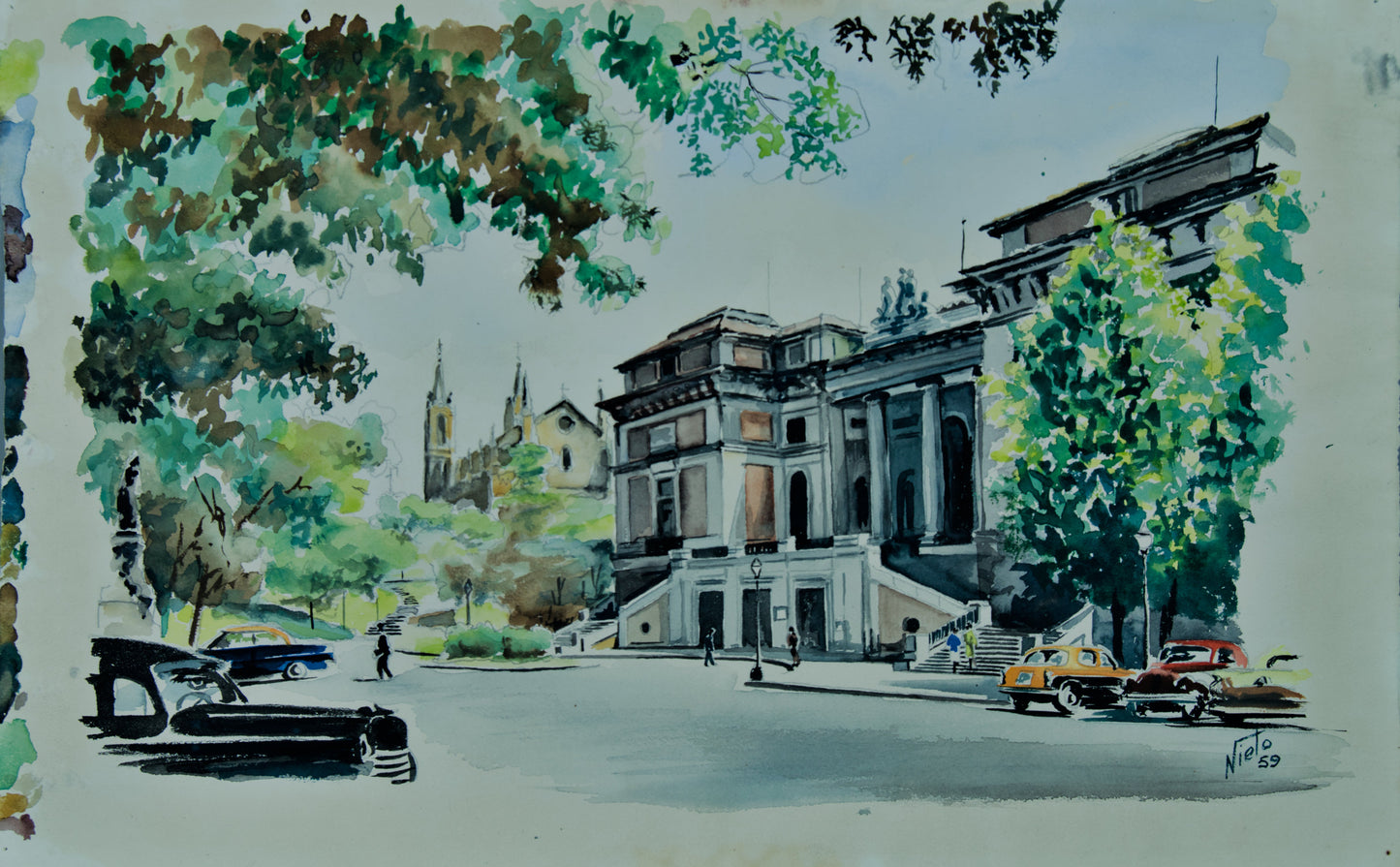 Nieto | Paisaje Urbano y Coches Clásicos (1959) | Acuarela Original sobre Papel