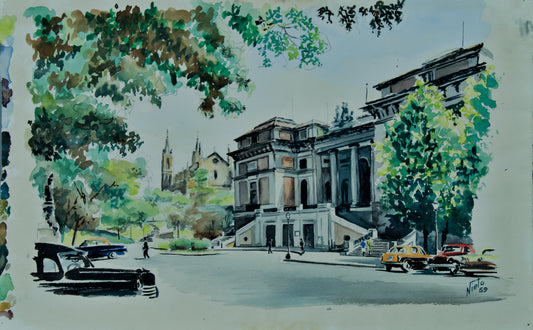 Nieto | Paisaje Urbano y Coches Clásicos (1959) | Acuarela Original sobre Papel