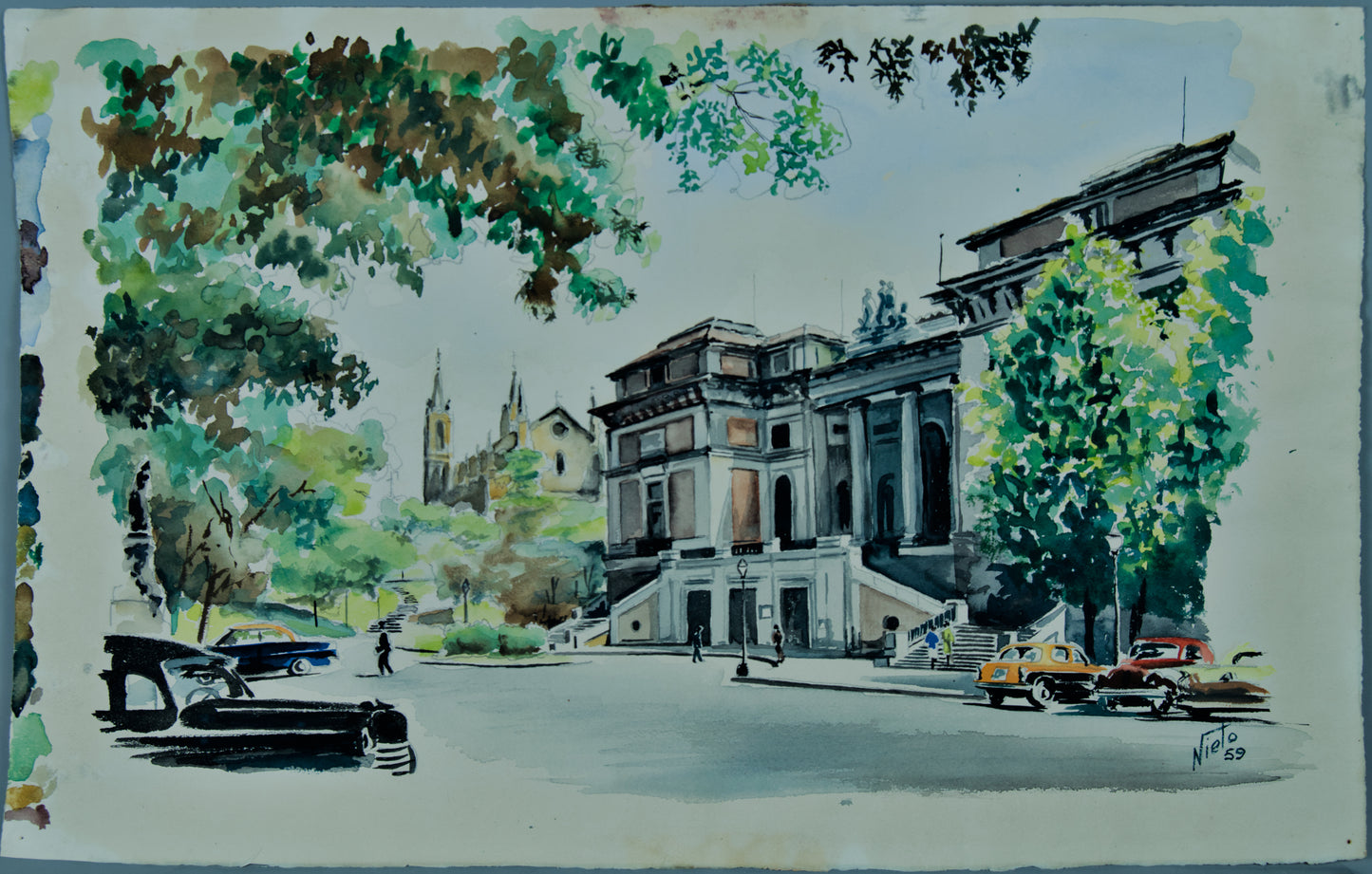 Nieto | Paisaje Urbano y Coches Clásicos (1959) | Acuarela Original sobre Papel
