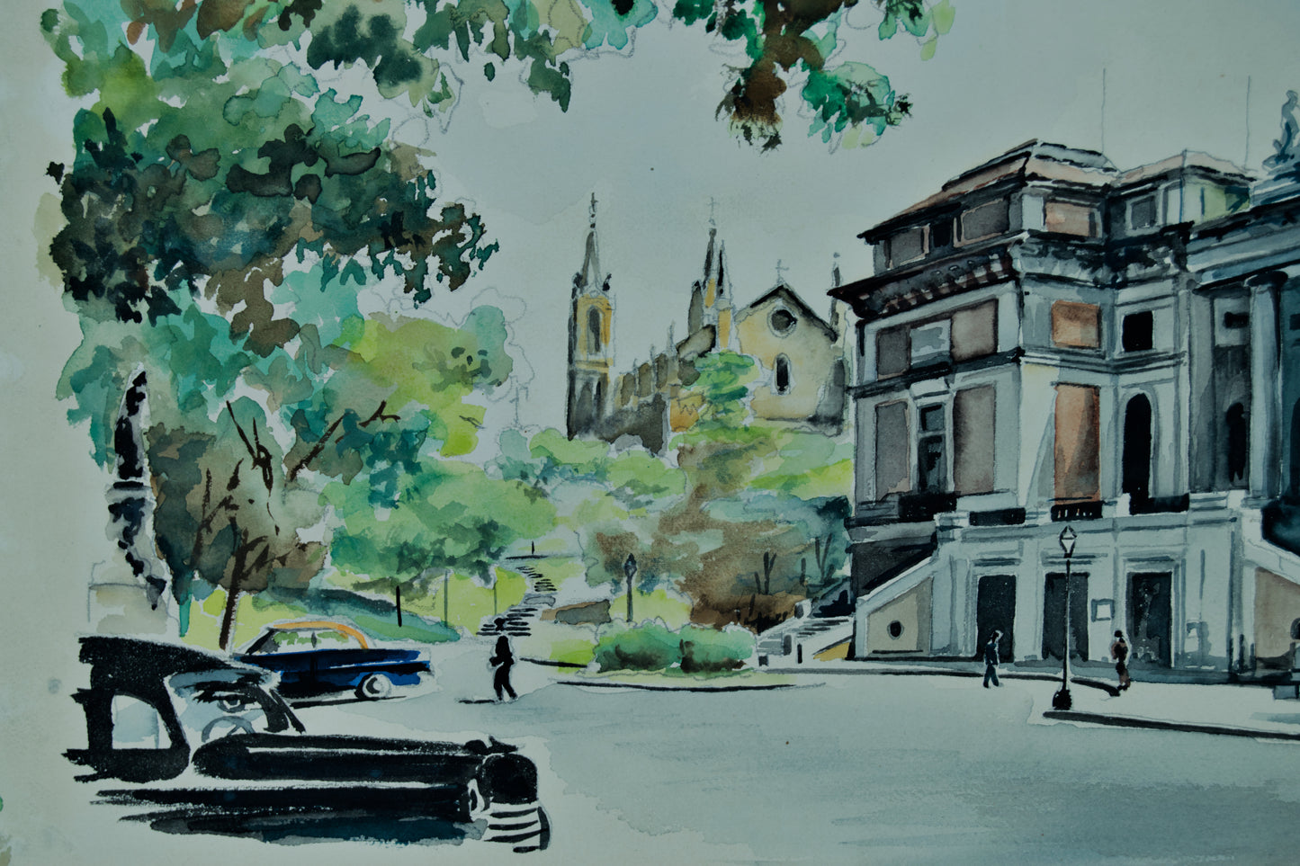 Nieto | Paisaje Urbano y Coches Clásicos (1959) | Acuarela Original sobre Papel