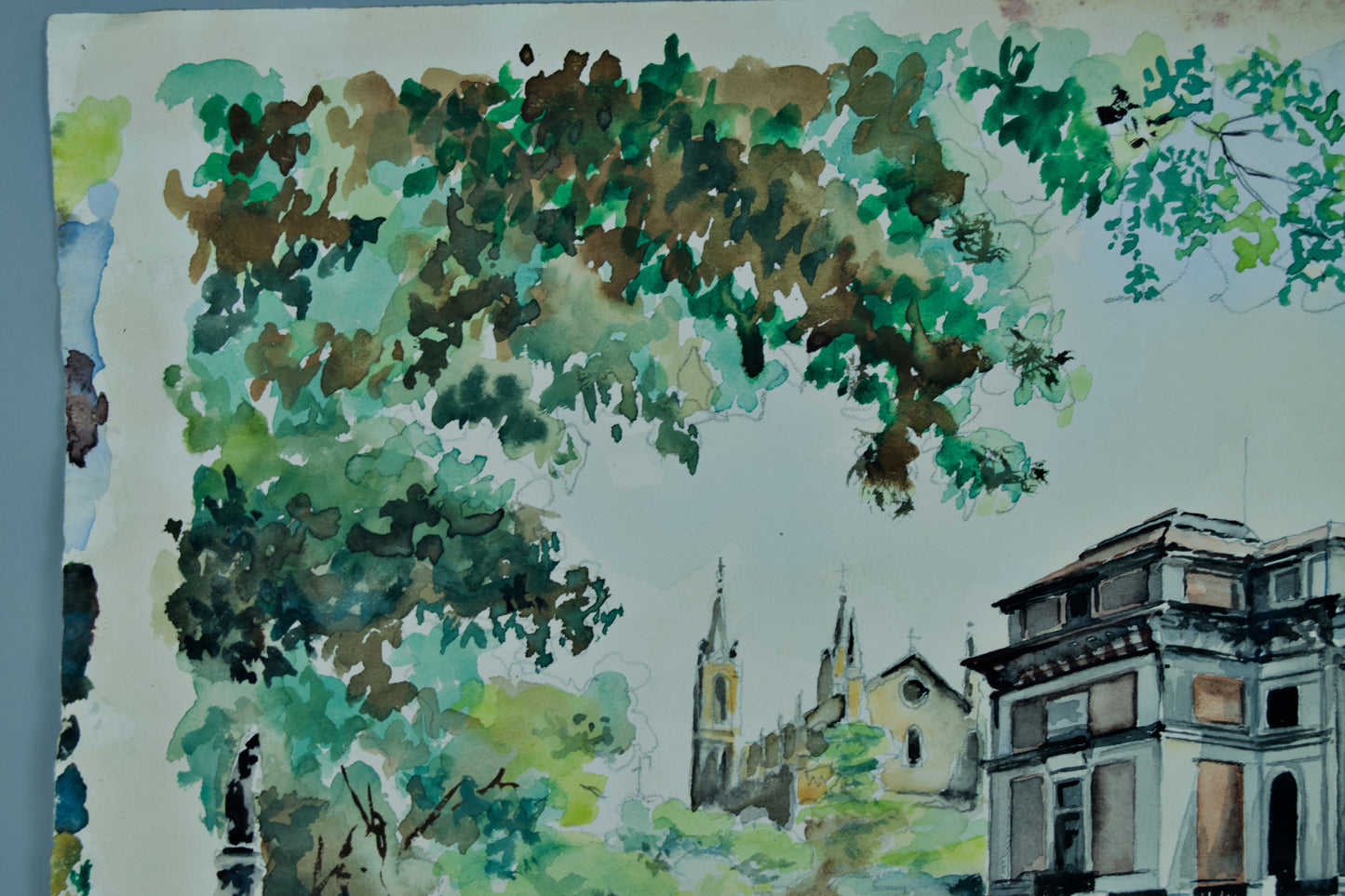 Nieto | Paisaje Urbano y Coches Clásicos (1959) | Acuarela Original sobre Papel