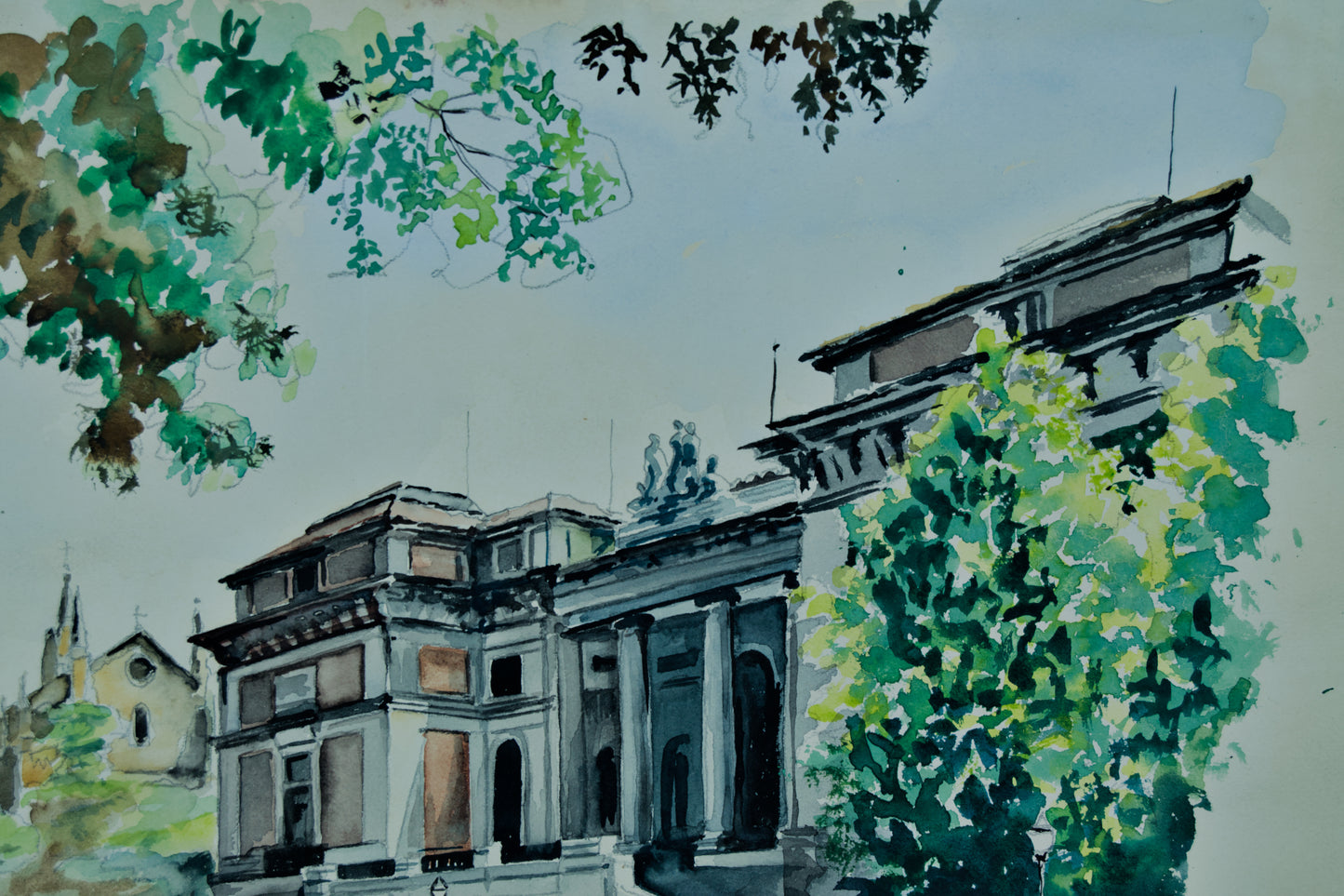 Nieto | Paisaje Urbano y Coches Clásicos (1959) | Acuarela Original sobre Papel