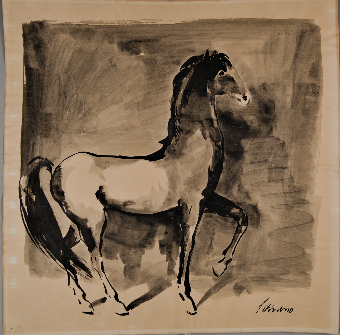 JOSÉ MIGUEL SERRANO | CABALLO EN "CORVETA" (ESTUDIO DE MOVIMIENTO) | ESCUELA DE PARÍS | CARBONCILLO SOBRE PAPEL