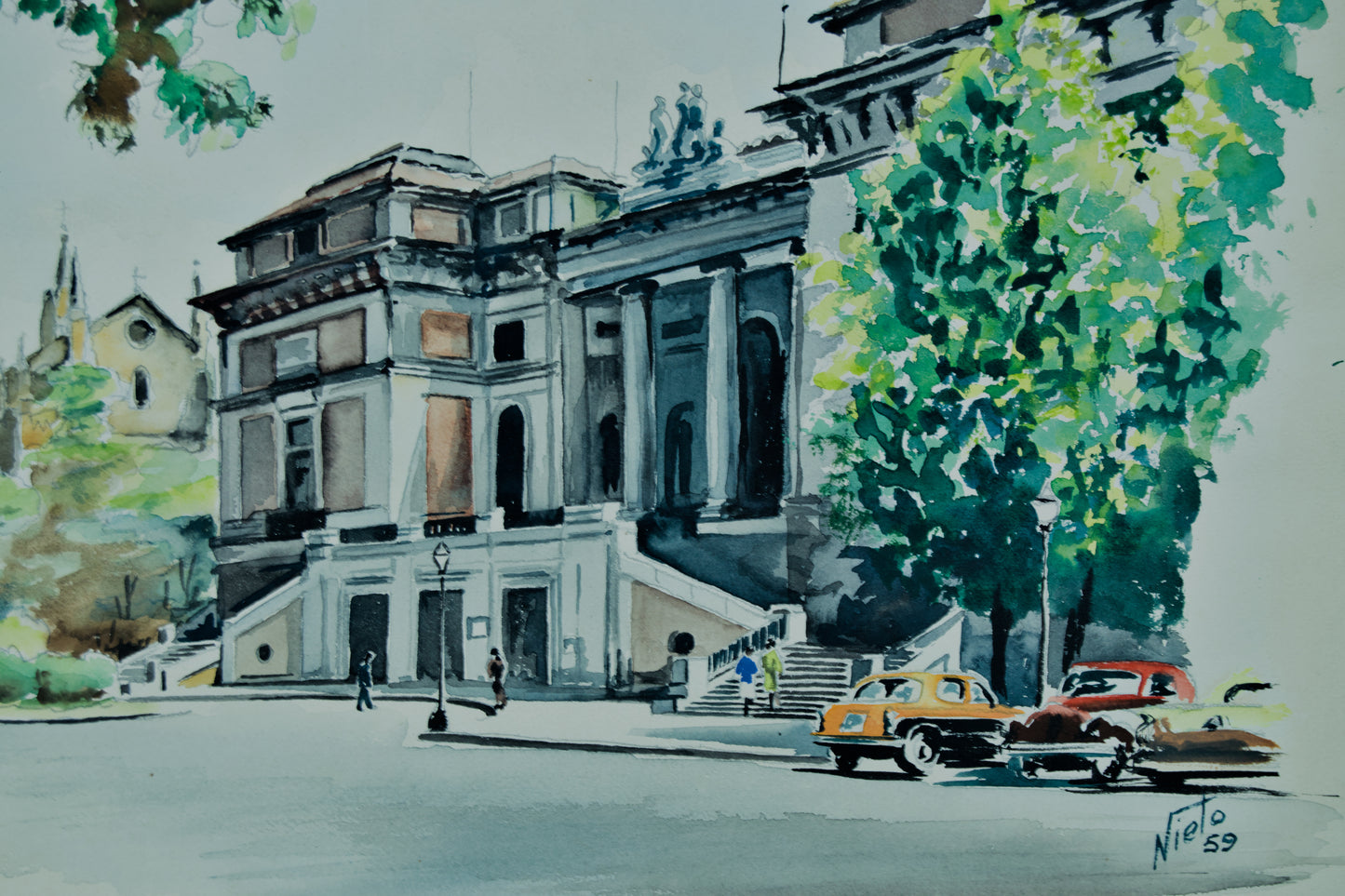 Nieto | Paisaje Urbano y Coches Clásicos (1959) | Acuarela Original sobre Papel