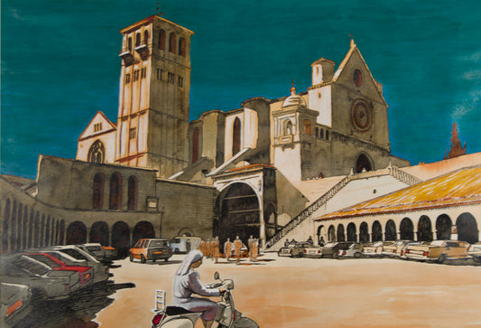RICARD CALVO DURAN | ITALIAN COSTUMBRISM ​​IN ASSISI | URBAN ILLUSTRATION | MIXED MEDIA ON PAPER