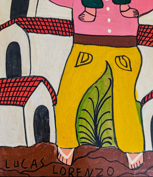 Lucas Lorenzo (1941–2020) | Hombre con niño a hombros | Acrílico sobre masonite | Arte popular mexicano