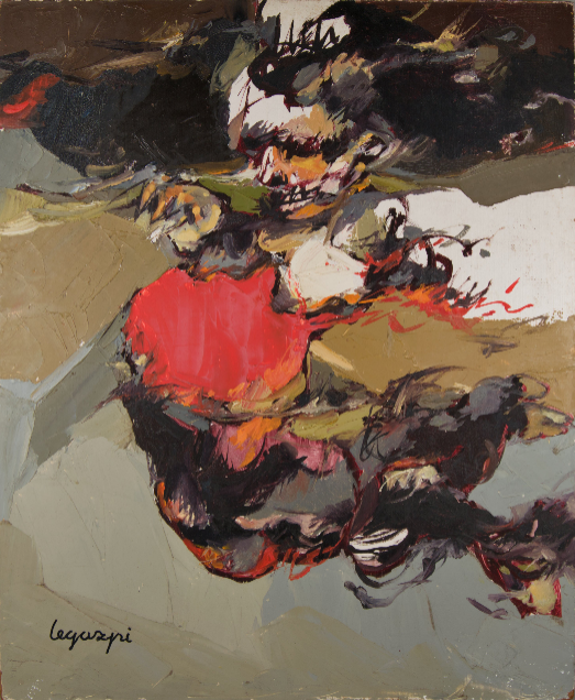 JOSÉ MANUEL LEGAZPI | ABSTRAKTE MATERIEKOMPOSITION IN GELB UND ROT | INFORMALISMUS | ACRYL AUF KARTON