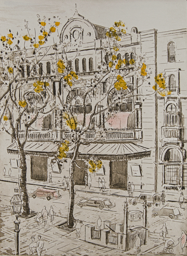 JORDI PAGANS MONTSALVATGE | BARCELONA, LA RAMBLA (1 COLOR ROSAT) | CRONISTA DEL VIBRANTISMO | AGUAFUERTE ILUMINADO A MANO