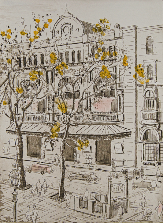 JORDI PAGANS MONTSALVATGE | BARCELONA, LA RAMBLA (1 COLOR ROSAT) | CRONISTA DEL VIBRANTISMO | AGUAFUERTE ILUMINADO A MANO
