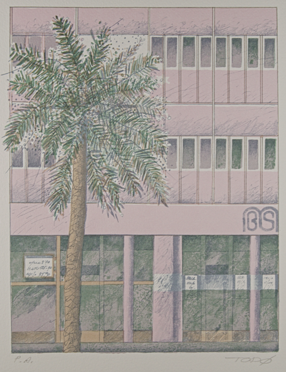 FRANCESC TODÓ | DIAGONAL (EDIFICIO BANCO SABADELL) | SÍNTESIS ARQUITECTÓNICA | LITOGRAFÍA ORIGINAL (P.A.).