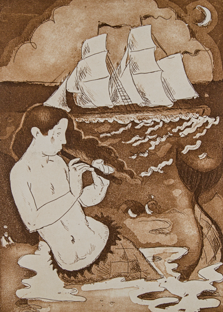 J. CARBONELL | LA SIRENA Y EL VELERO (MITOLOGÍA MARÍTIMA) | PRUEBA DE AUTOR (P.A.) | AGUAFUERTE EN SEPIA