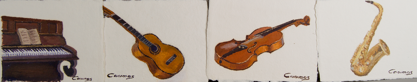 CANIMAS | CUARTETO DE INSTRUMENTOS MUSICALES | PINTURA MATÉRICA | ÓLEO SOBRE PAPEL CON BARBAS