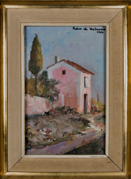 Pedro de Valencia | Paisaje Rural con Masía Rosa (1966) | Óleo Original sobre Lienzo